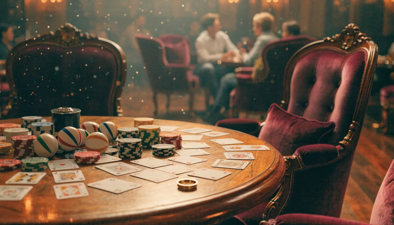 Photo d'un salon de casino français avec jetons et cartes, ambiance luxueuse.