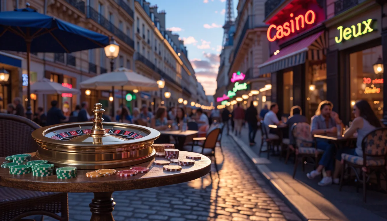Terrasse de café parisienne avec roulette et jetons, ambiance casino nocturne