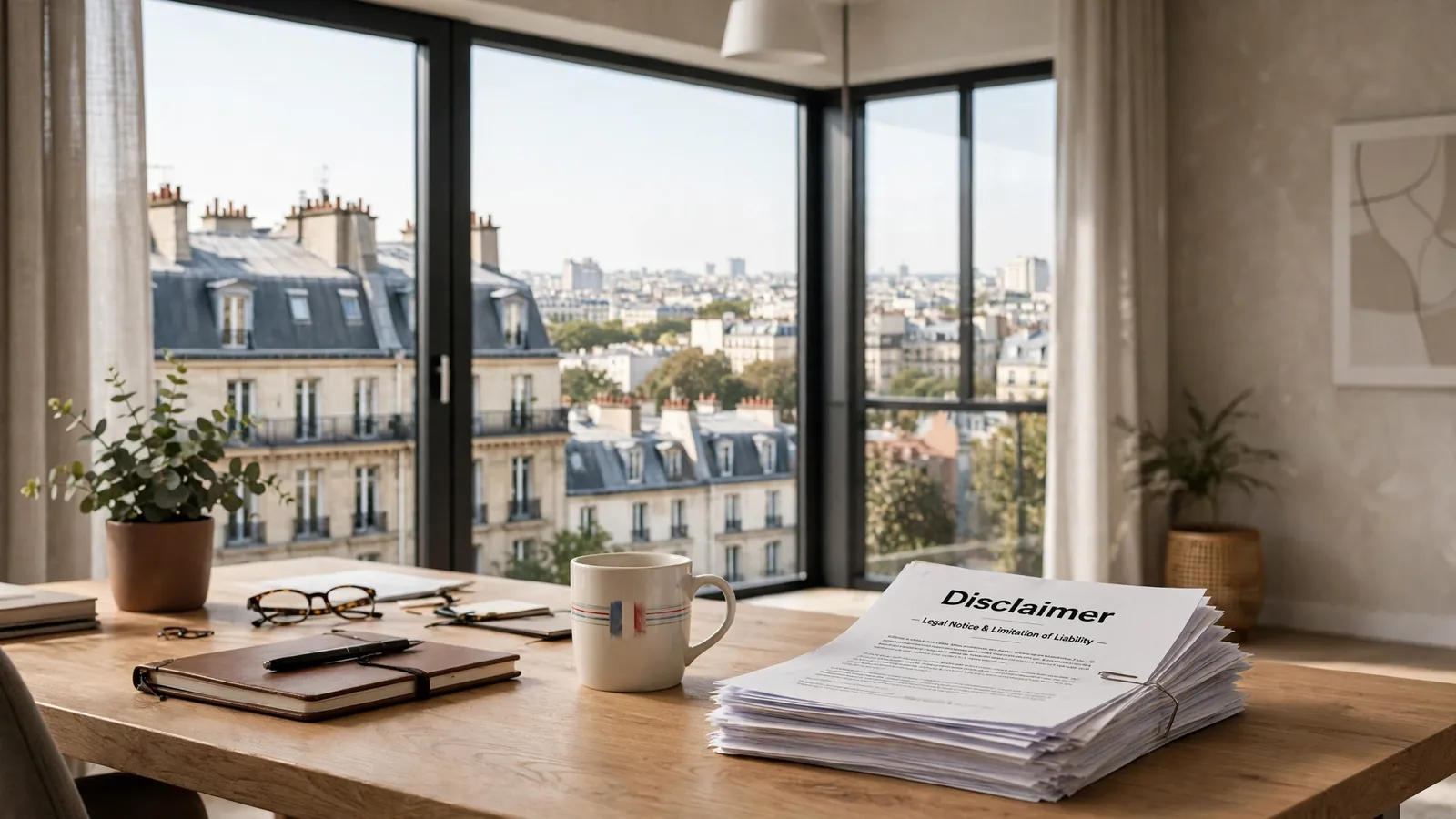 Bureau français moderne avec documents de disclaimer et vue sur Paris