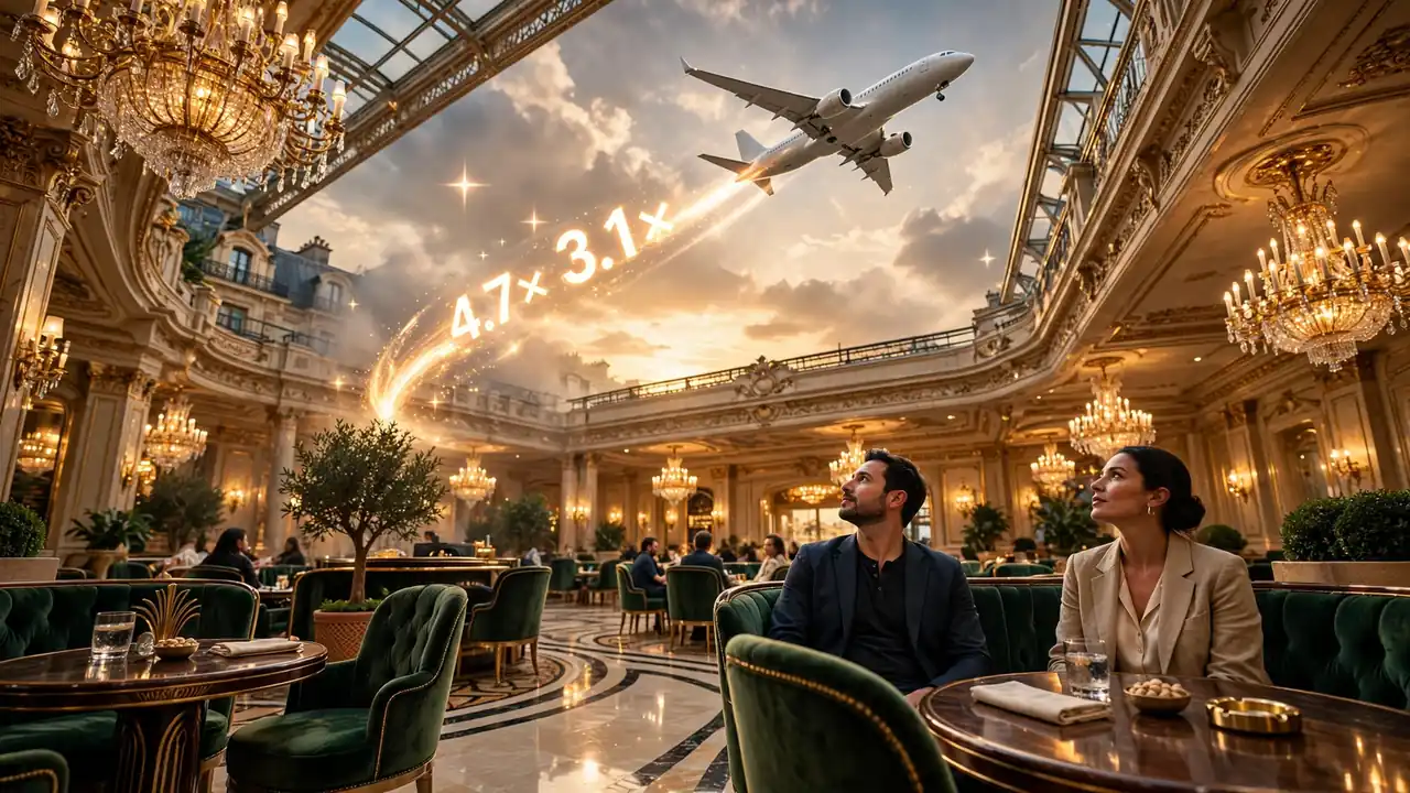 Avion élégant survolant un casino français luxueux, lumière dorée, ambiance élégante.