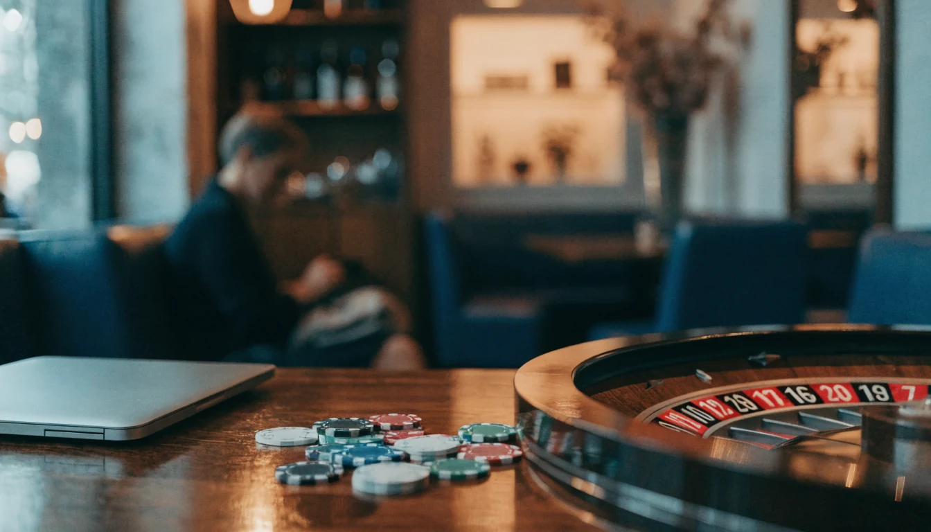 Photo d'un café français avec jetons de casino et roulette.