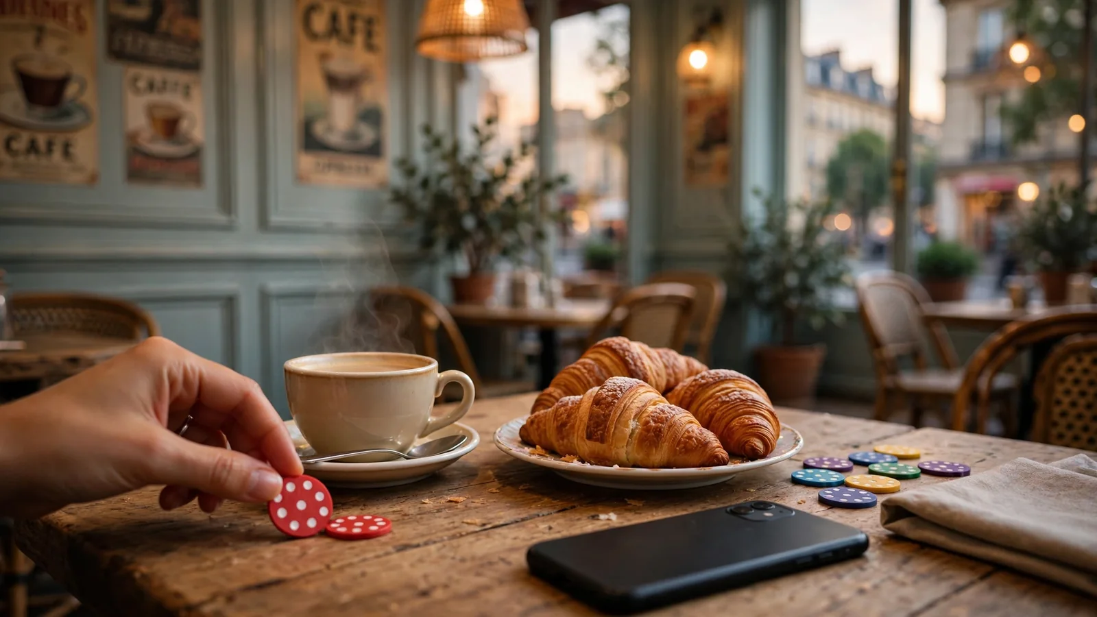Main à un café français avec puce de bingo et croissant