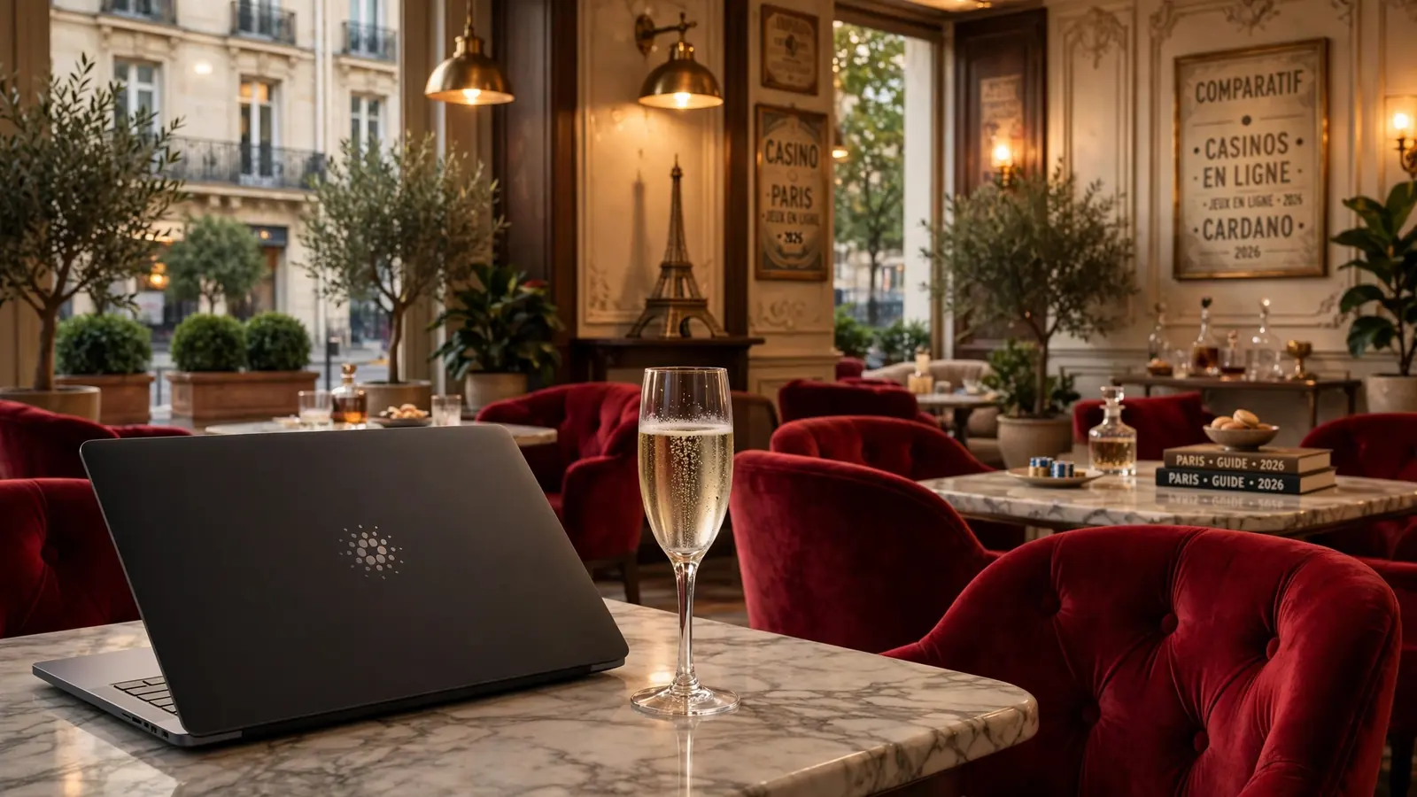 Lounge de casino français élégant avec ordinateur portable fermé et symbole Cardano discret.