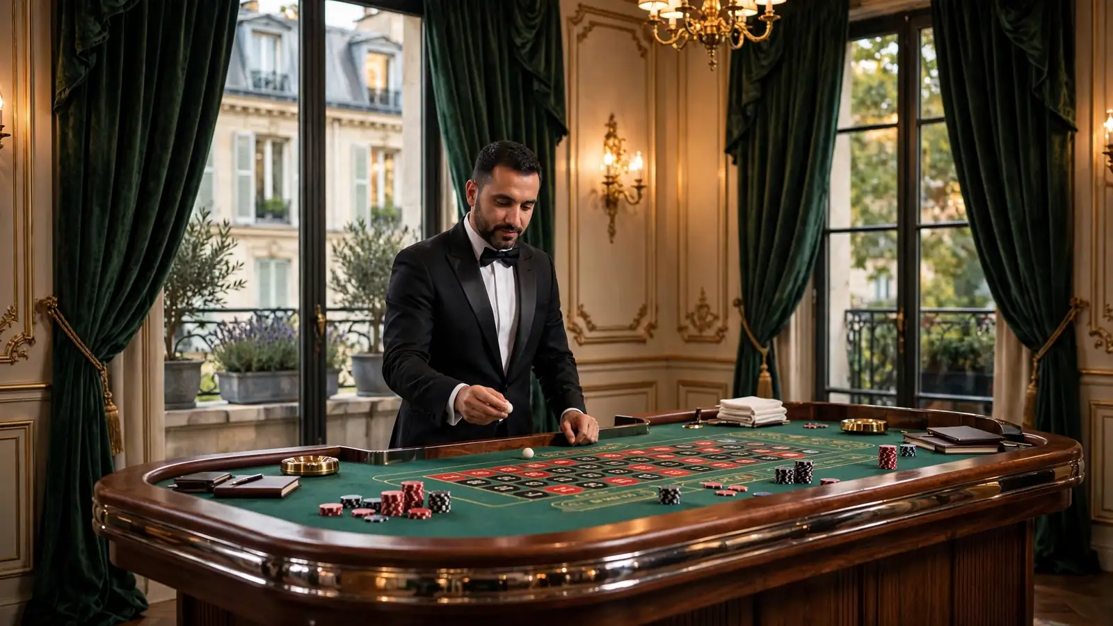 Croupier en direct dans un casino français élégant avec table de roulette.
