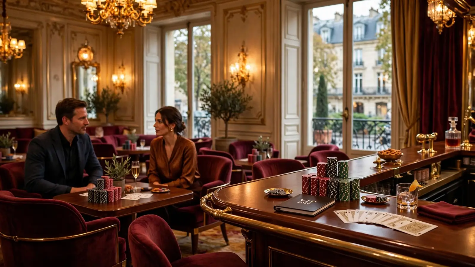 Lounge de casino VIP luxueux avec éclairage chaud et décor élégant