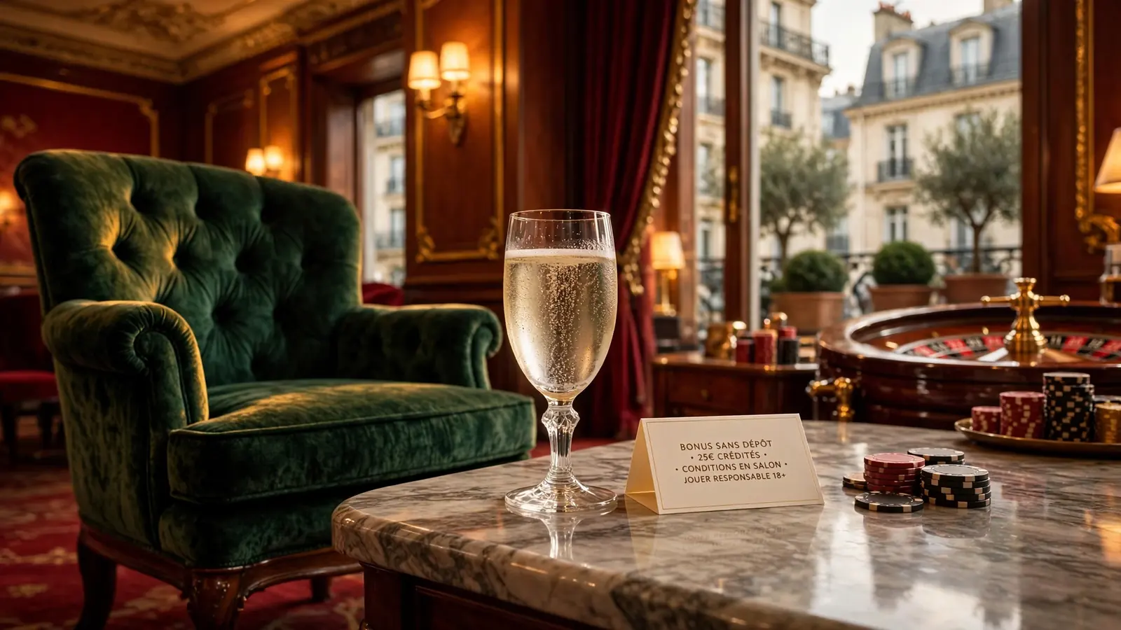 Lounge de casino élégant avec verre de champagne