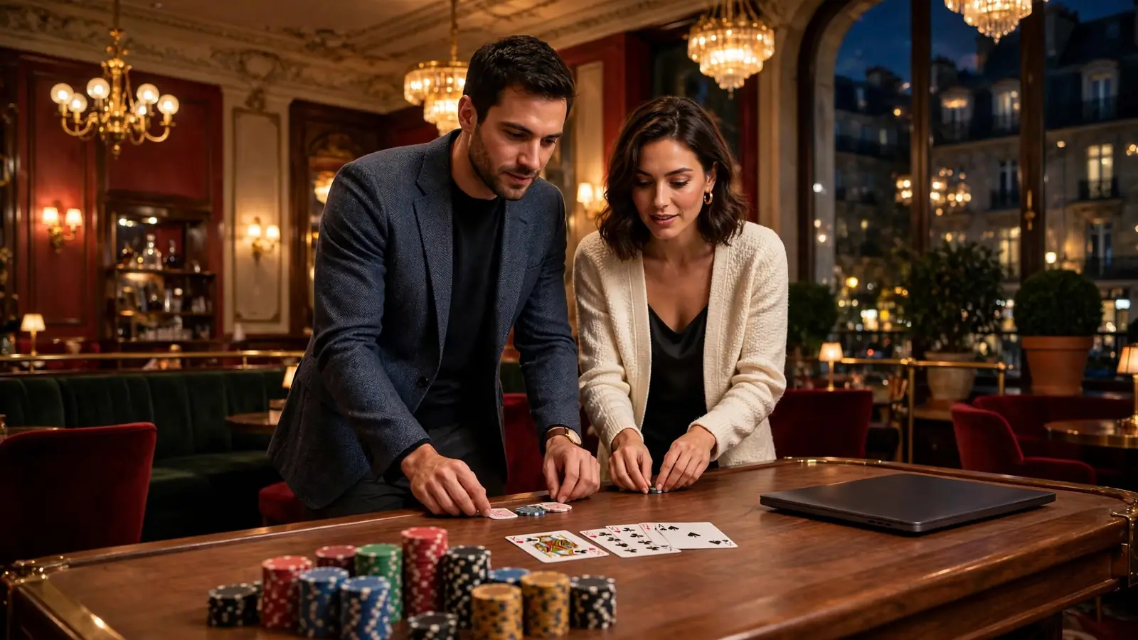 Lounge de casino français avec table de blackjack et jetons brillants