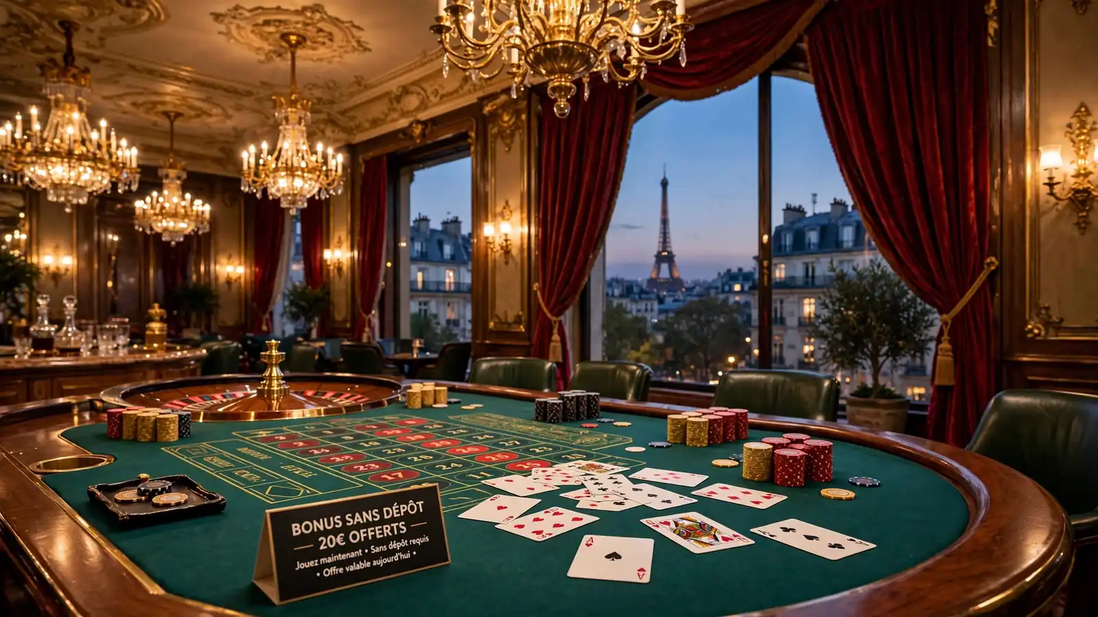 Casino élégant à Paris avec roulette, lumières dorées et silhouette de la Tour Eiffel.