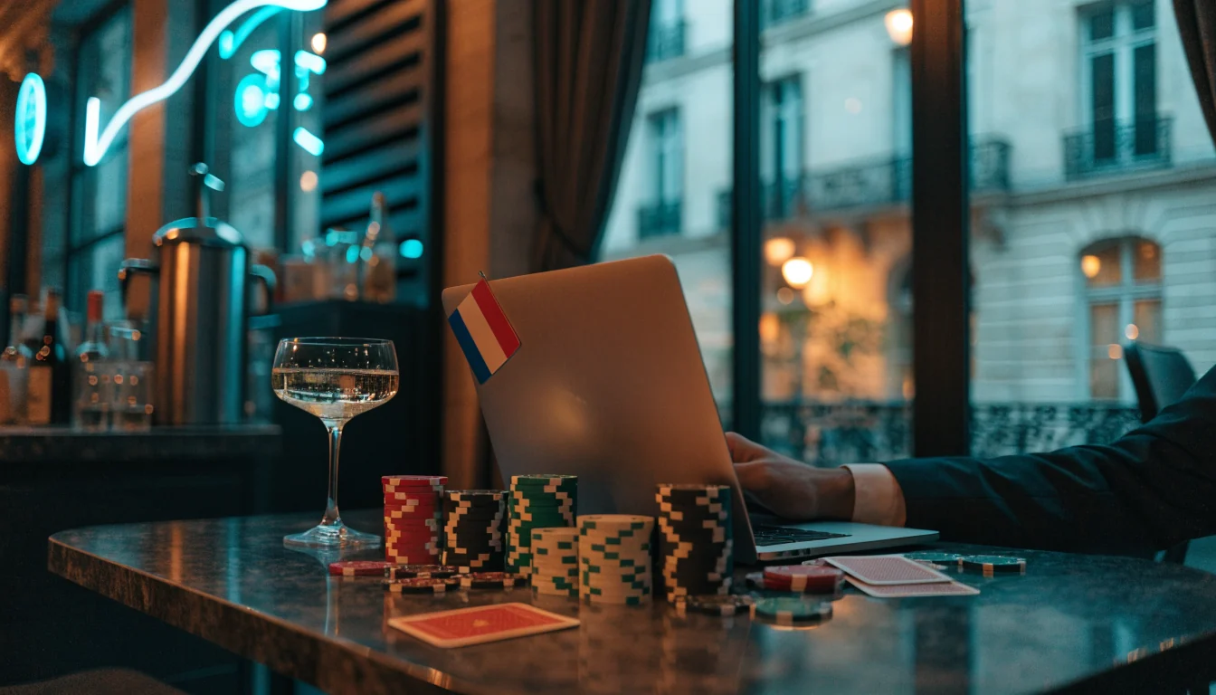Intérieur de café parisien avec ordinateur portable, jetons de casino, drapeau français.