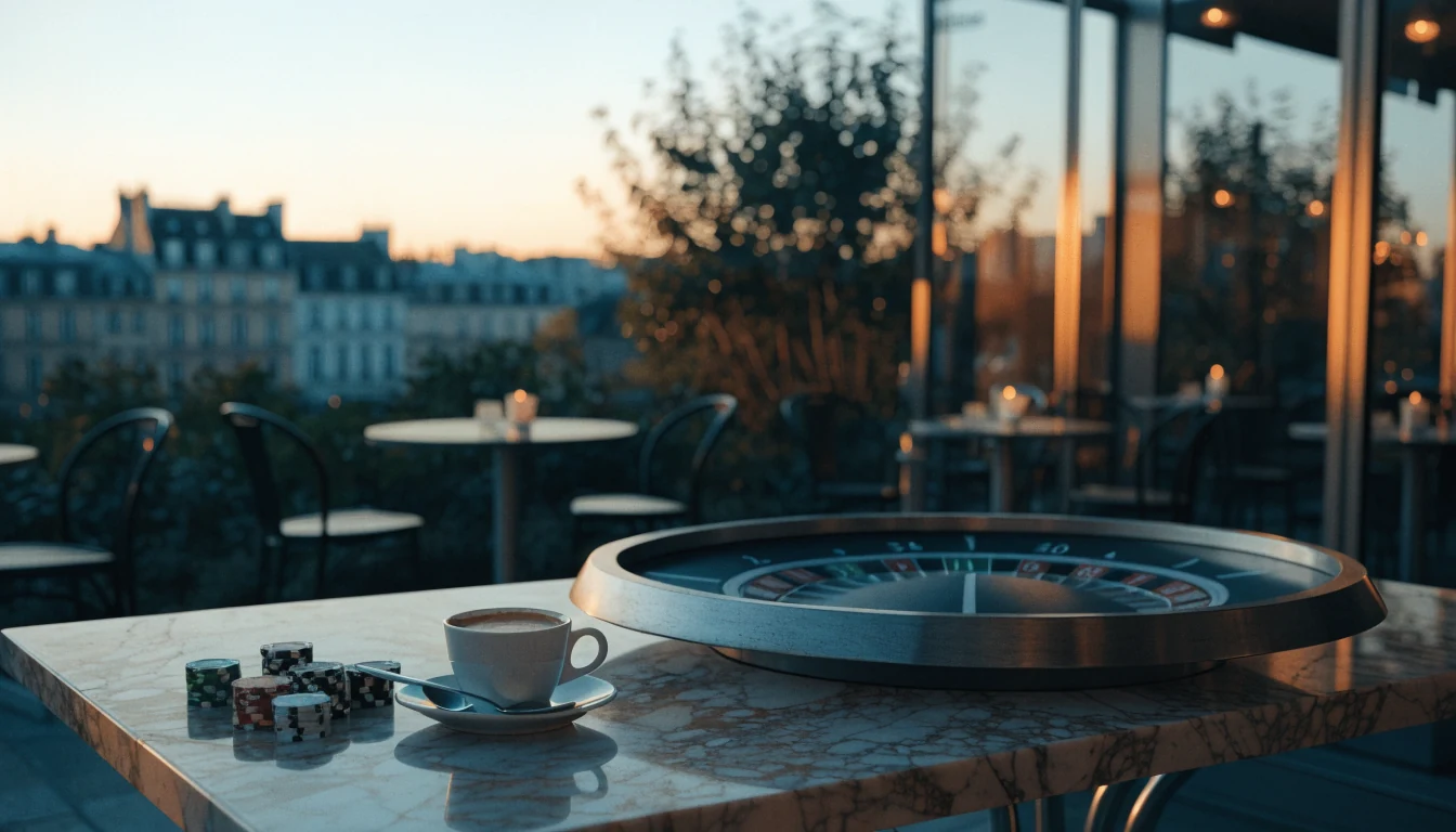 Terrasse de café française avec table de roulette et jetons