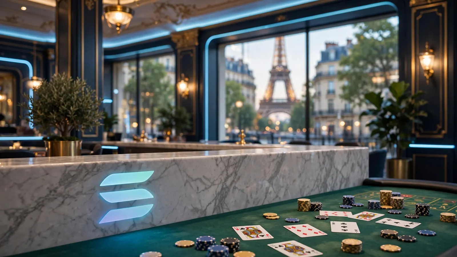 Casino élégant à Paris avec décor futuriste et éléments Solana
