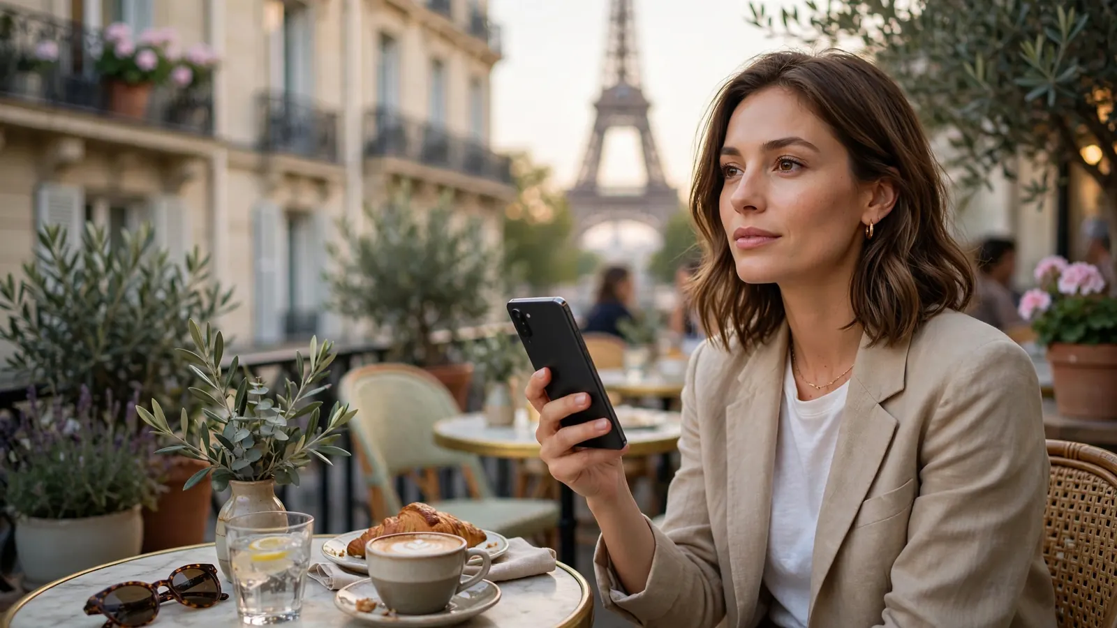 Jeune femme à la terrasse d'un café parisien avec smartphone, tour Eiffel en arrière-plan.