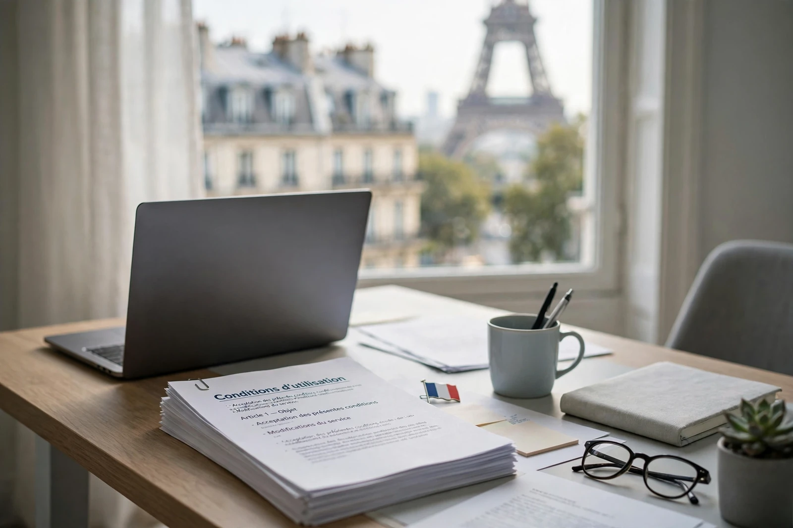 Bureau français élégant avec documents légaux et drapeau français, lumière naturelle douce.