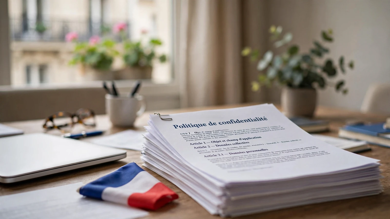 Bureau français avec drapeau, ordinateur fermé et documents de confidentialité
