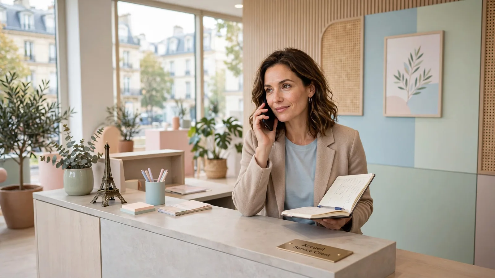 Réception française avec représentant du service client souriant