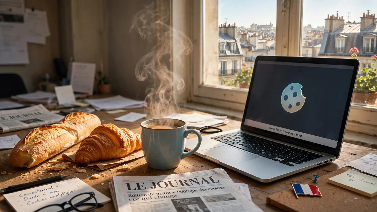 Photo d'un bureau français avec café, croissant et icône de cookie.