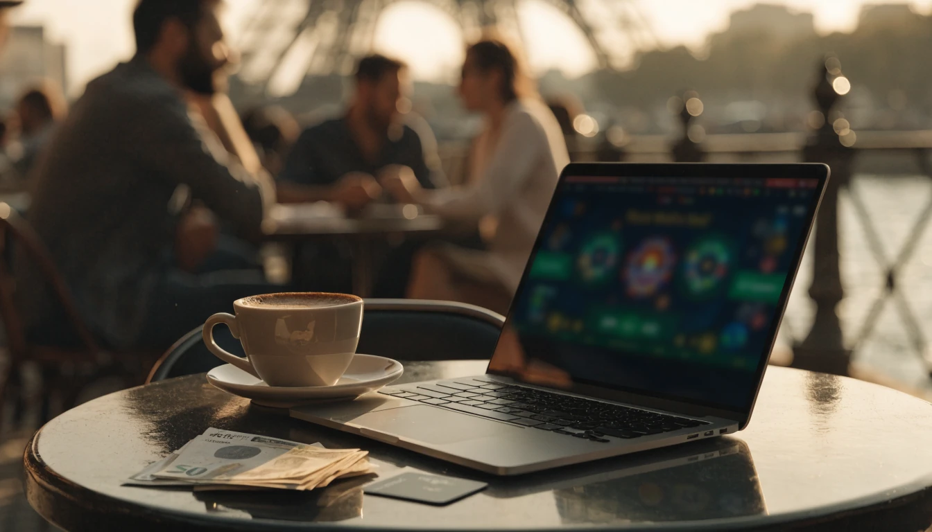 Table élégant avec laptop, carte bancaire et argent près de la tour Eiffel