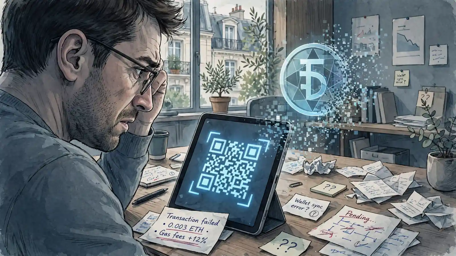 Joueur frustré regardant un code QR de cryptomonnaie sur tablette