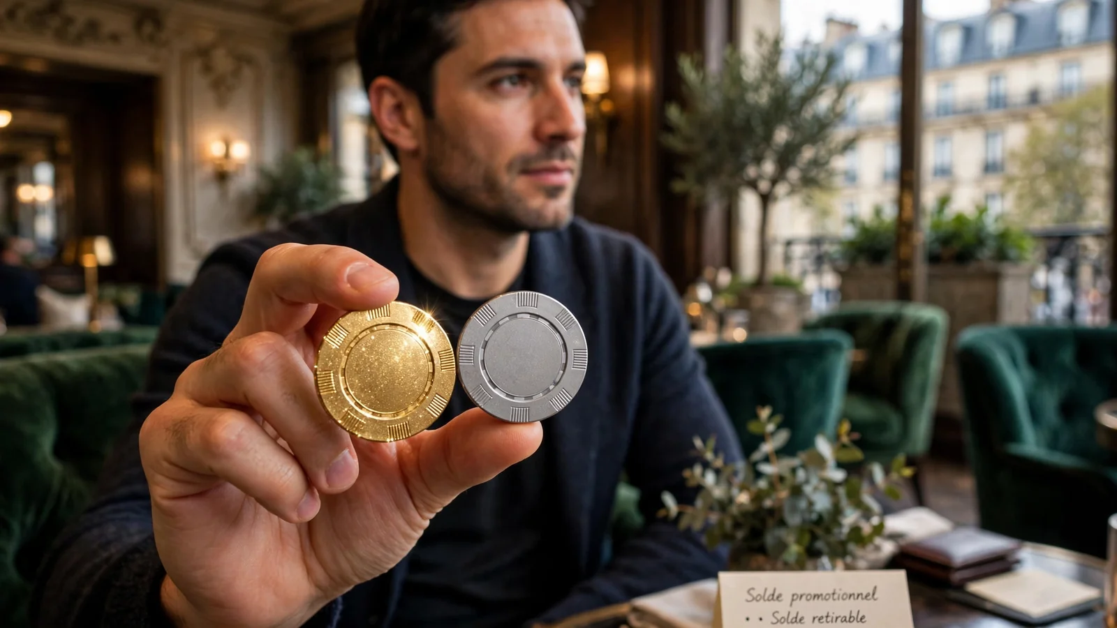 Main tenant deux jetons, l'un doré, l'autre argenté, dans un salon parisien