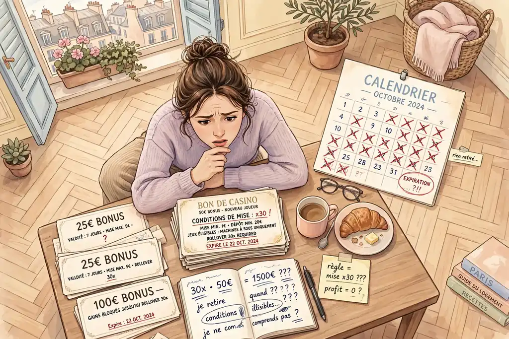 Femme perplexe avec des bons de casino et un calendrier