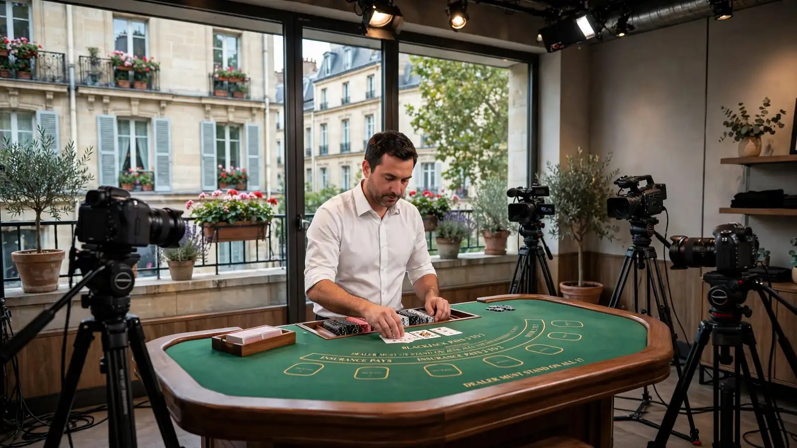 Croupier en studio de casino en direct avec tables et caméras
