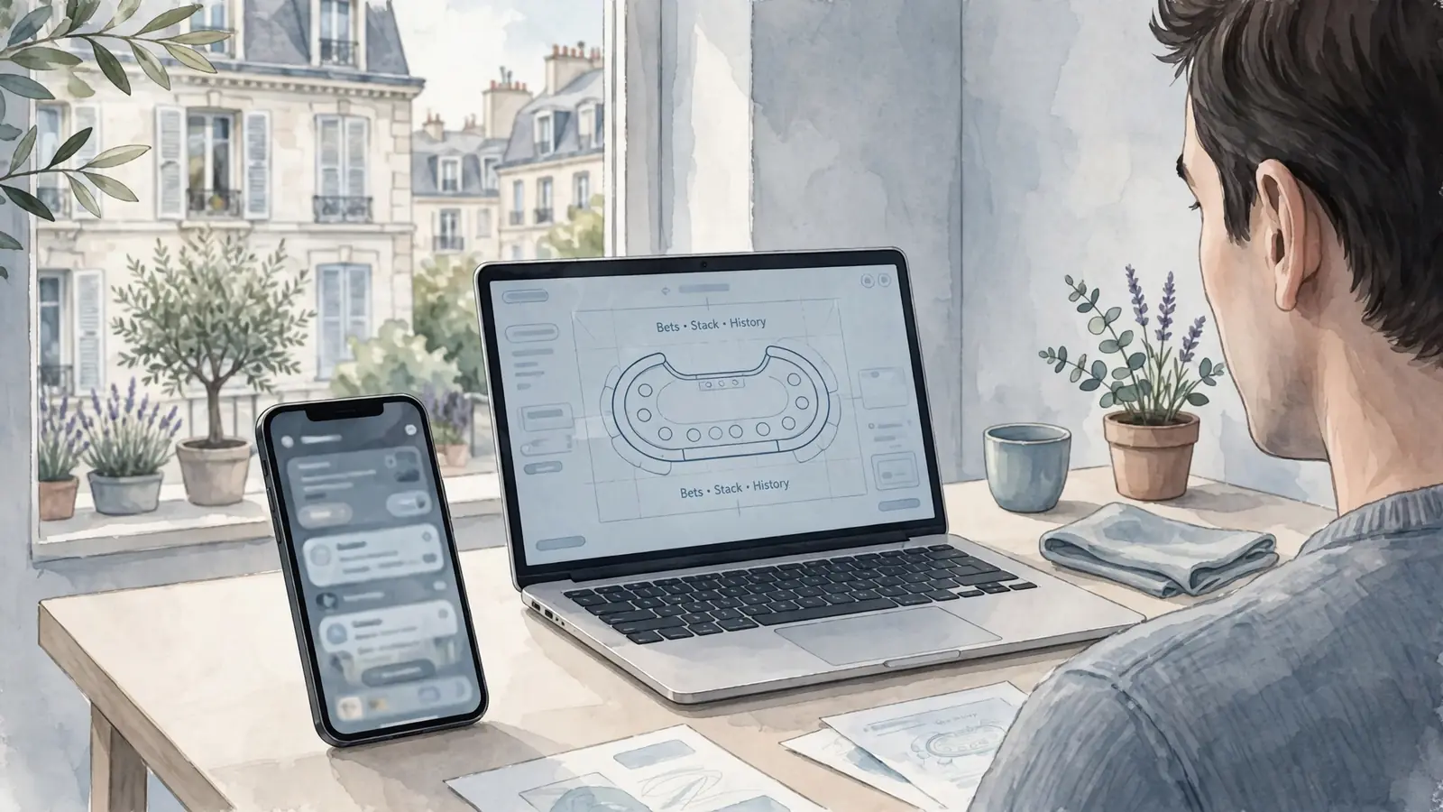 Smartphone portrait et ordinateur paysage sur un bureau minimaliste
