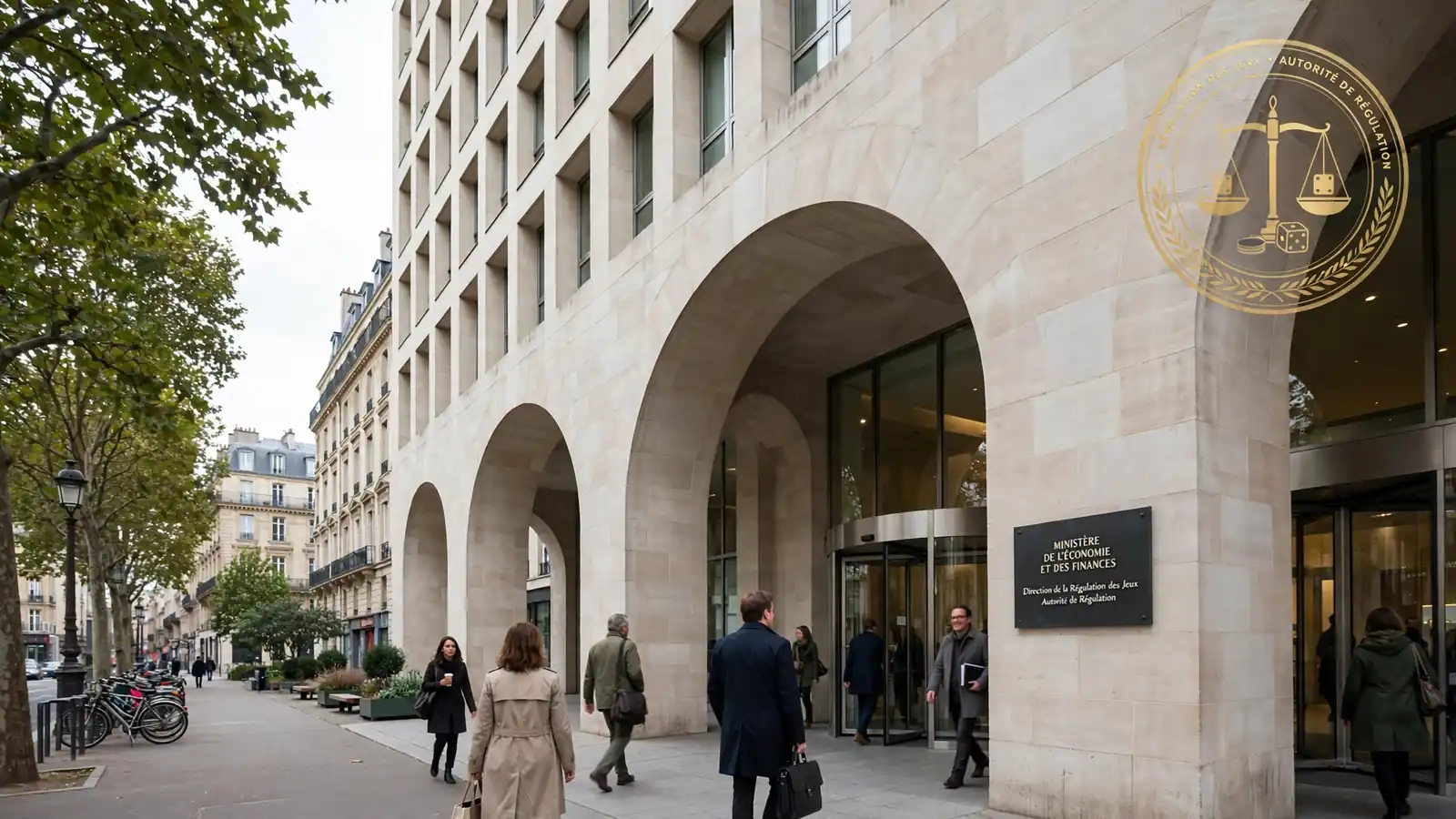 Façade du ministère français avec un sceau doré symbolisant la régulation
