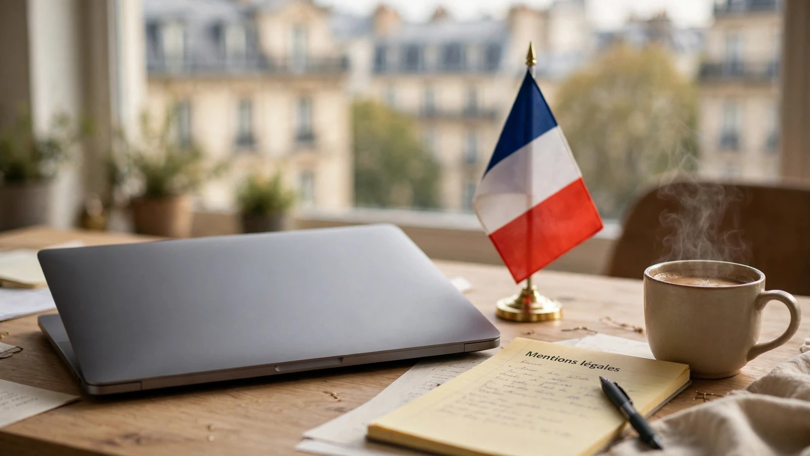 Bureau français moderne avec drapeau, ordinateur et tasse de café