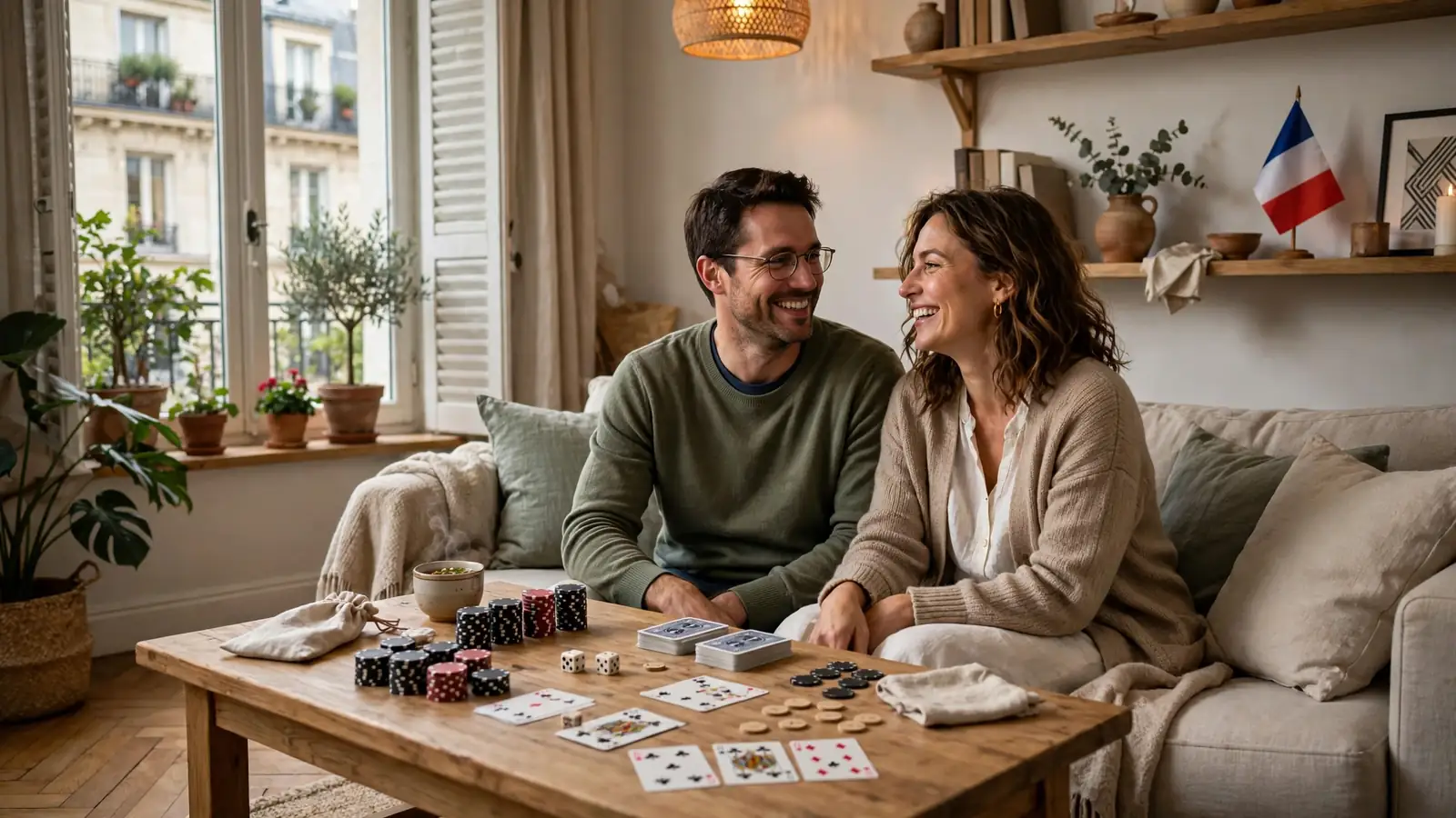 Couple détendu joue à des dés dans un salon français