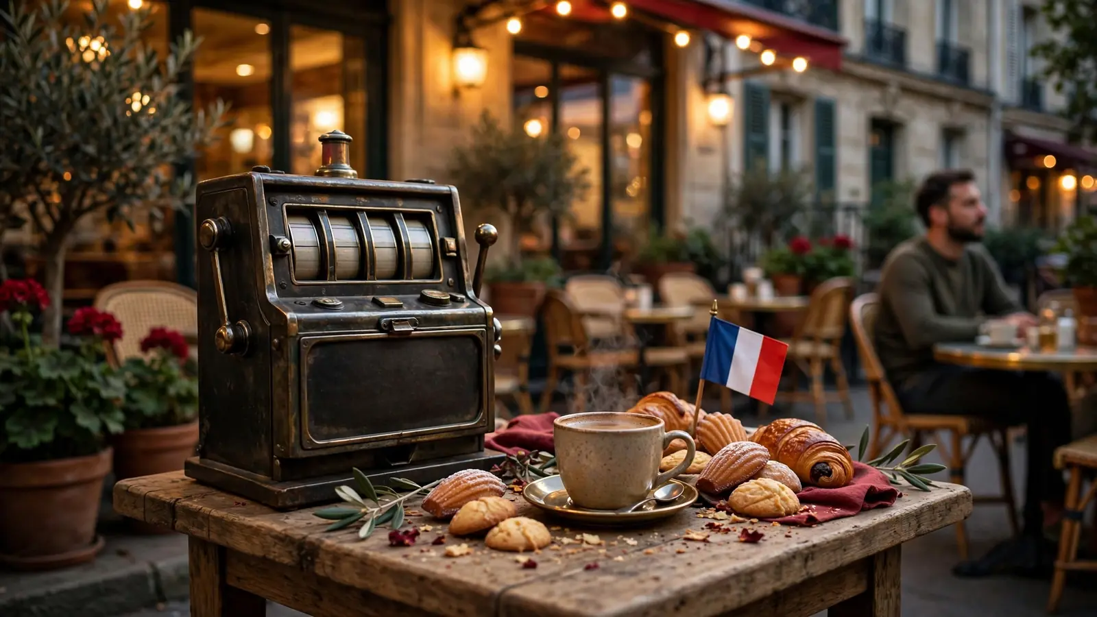 Machine à sous fermée sur terrasse de café français, éclairage chaleureux, pâtisseries et drapeau français.