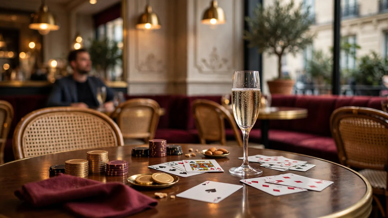 Café français élégant avec jetons de casino et cartes.
