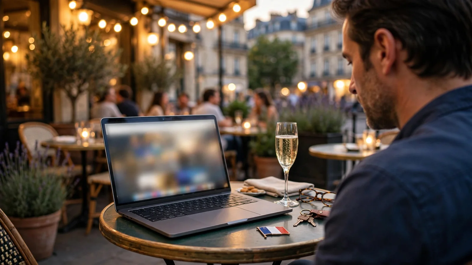 Terrasse de café française avec ordinateur portable, champagne et drapeau français, ambiance élégante.
