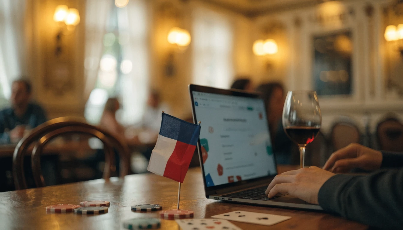 Café français avec ordinateur portable et accessoires de casino