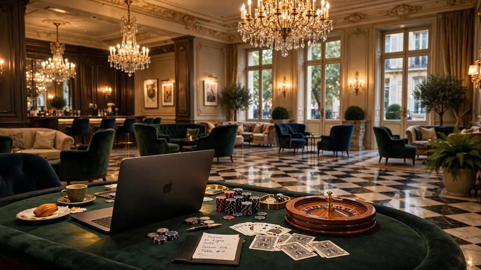 Photo du salon d'un casino français élégant avec chips et cartes, ordinateur fermé.