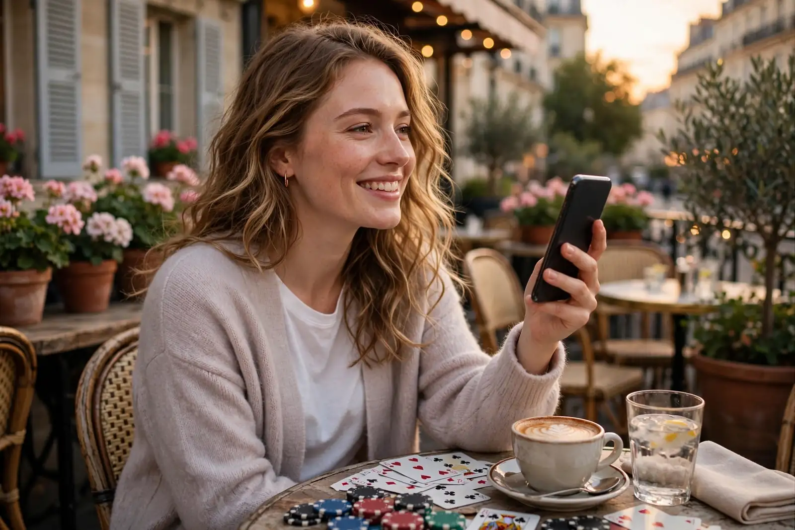 Femme à la terrasse parisienne avec smartphone et jetons de casino
